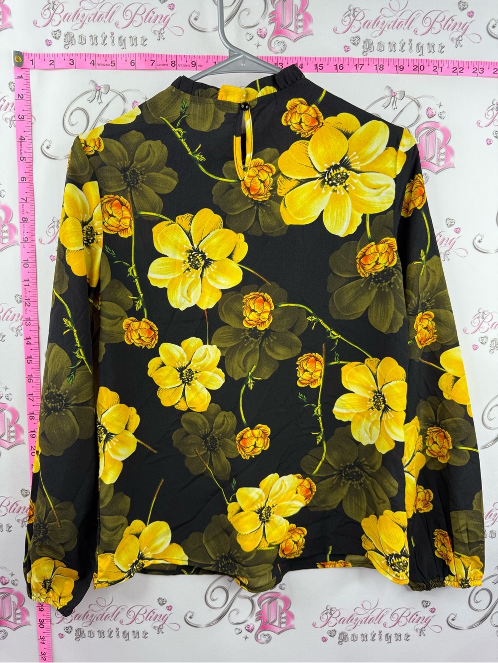 RANLEGE shirt blouse flowers ruffle Yellow Floral Long-Sleeve Blouse - Black - Picture 2 of 16